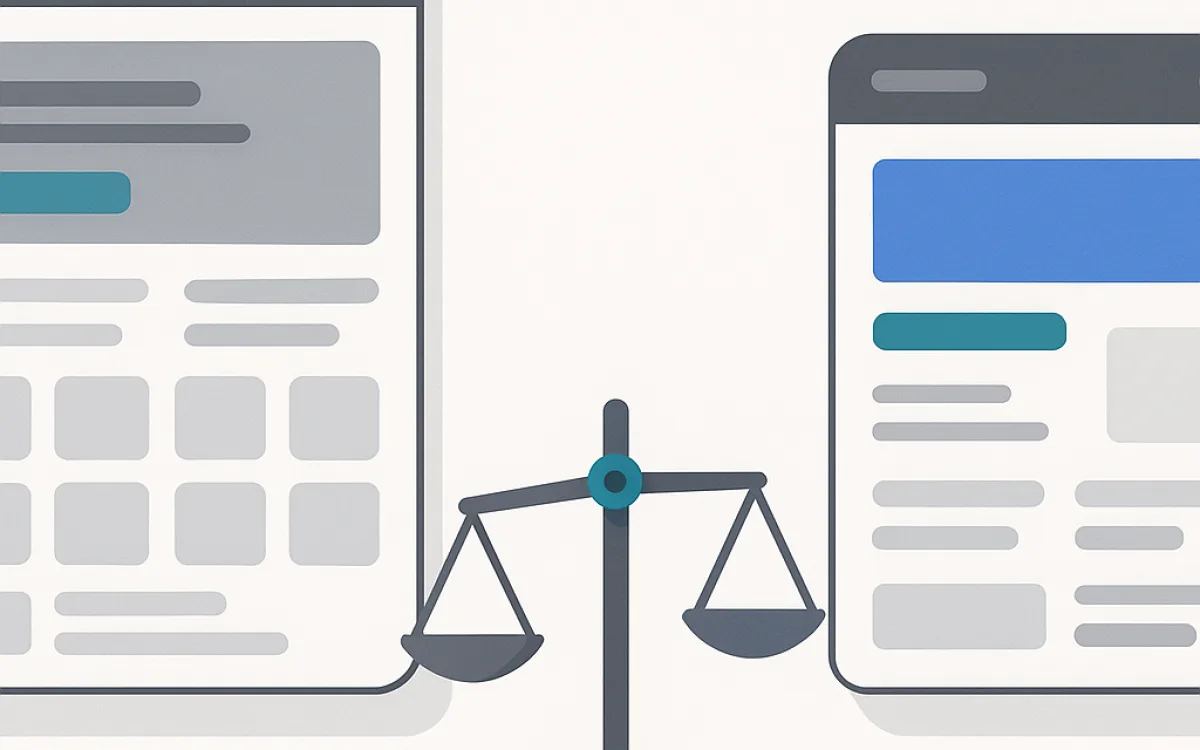 Comparison of a purchased website theme and a custom-built template on two screens