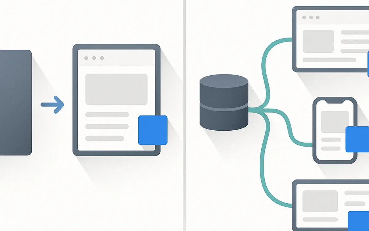 Diagram comparing a traditional CMS rendering pages with a headless CMS serving an API