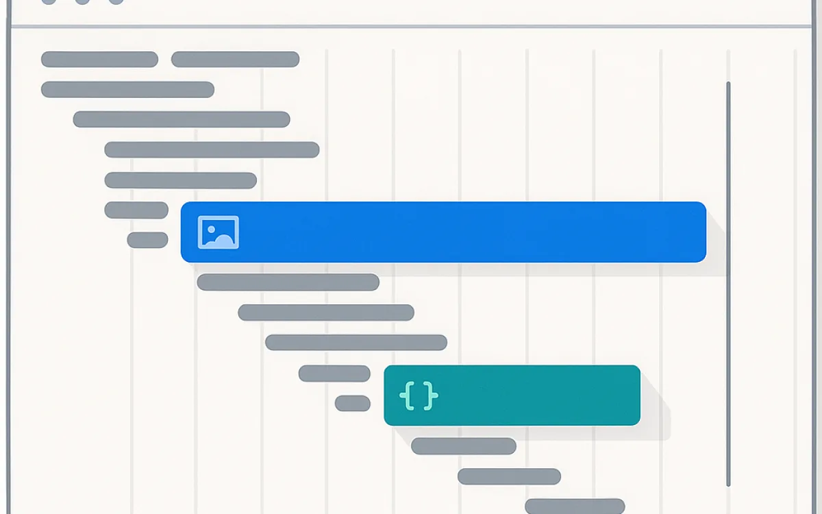 Waterfall chart of network requests showing large image and script downloads