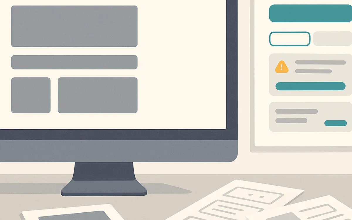 Designer reviewing wireframes and a component sheet on a large monitor