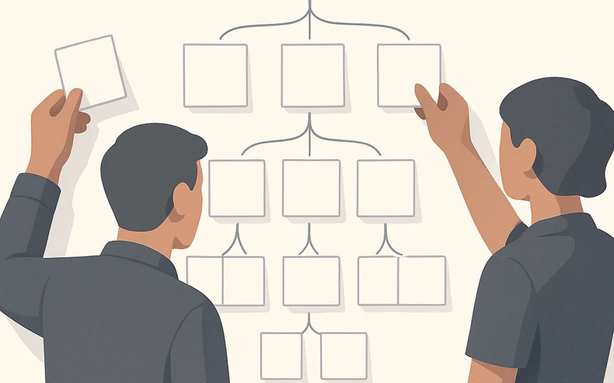 Team mapping a website page structure on sticky notes across a wall