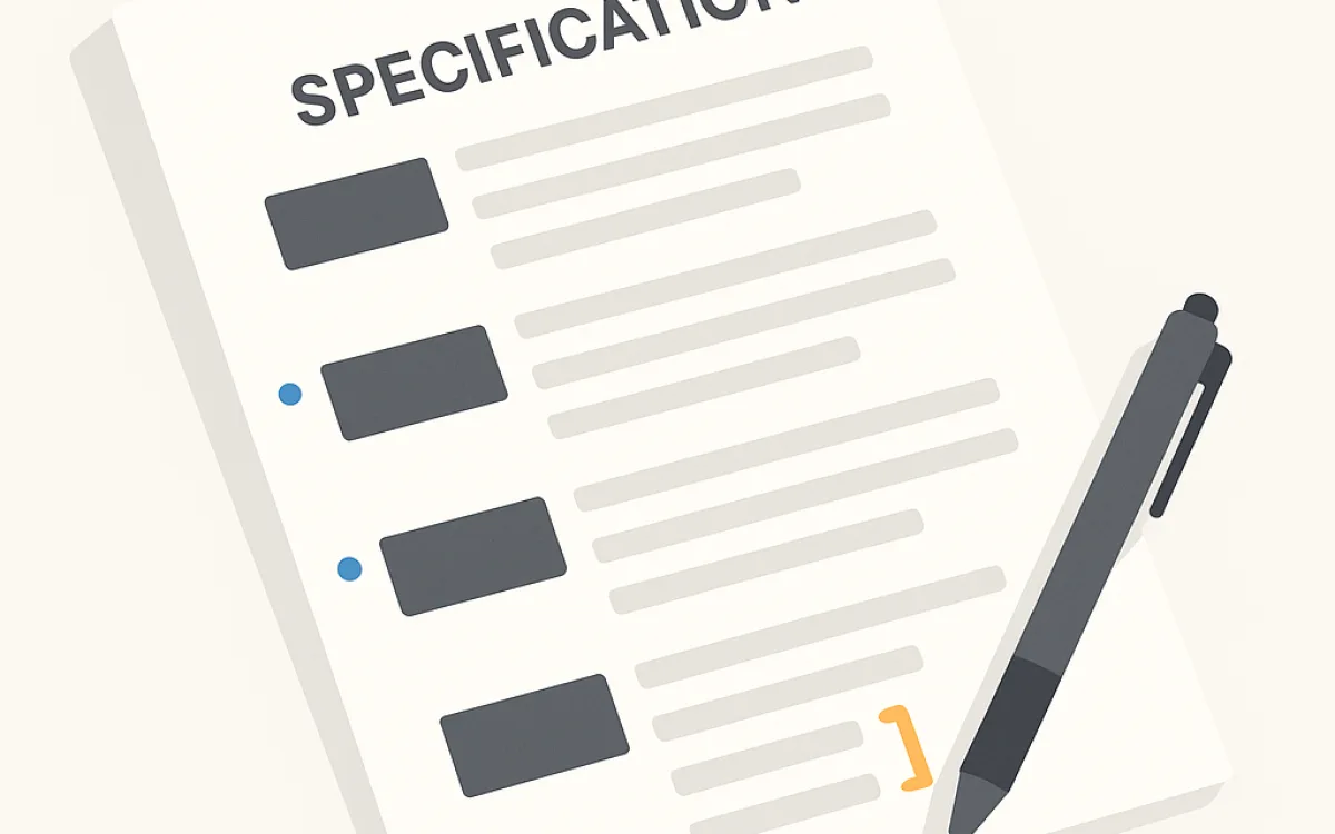 Printed website requirements document with sections marked in the margin