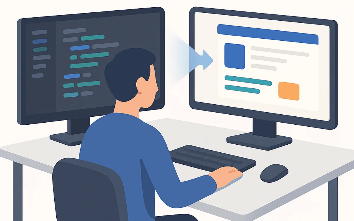 Developer working across a code editor and a browser preview of a website
