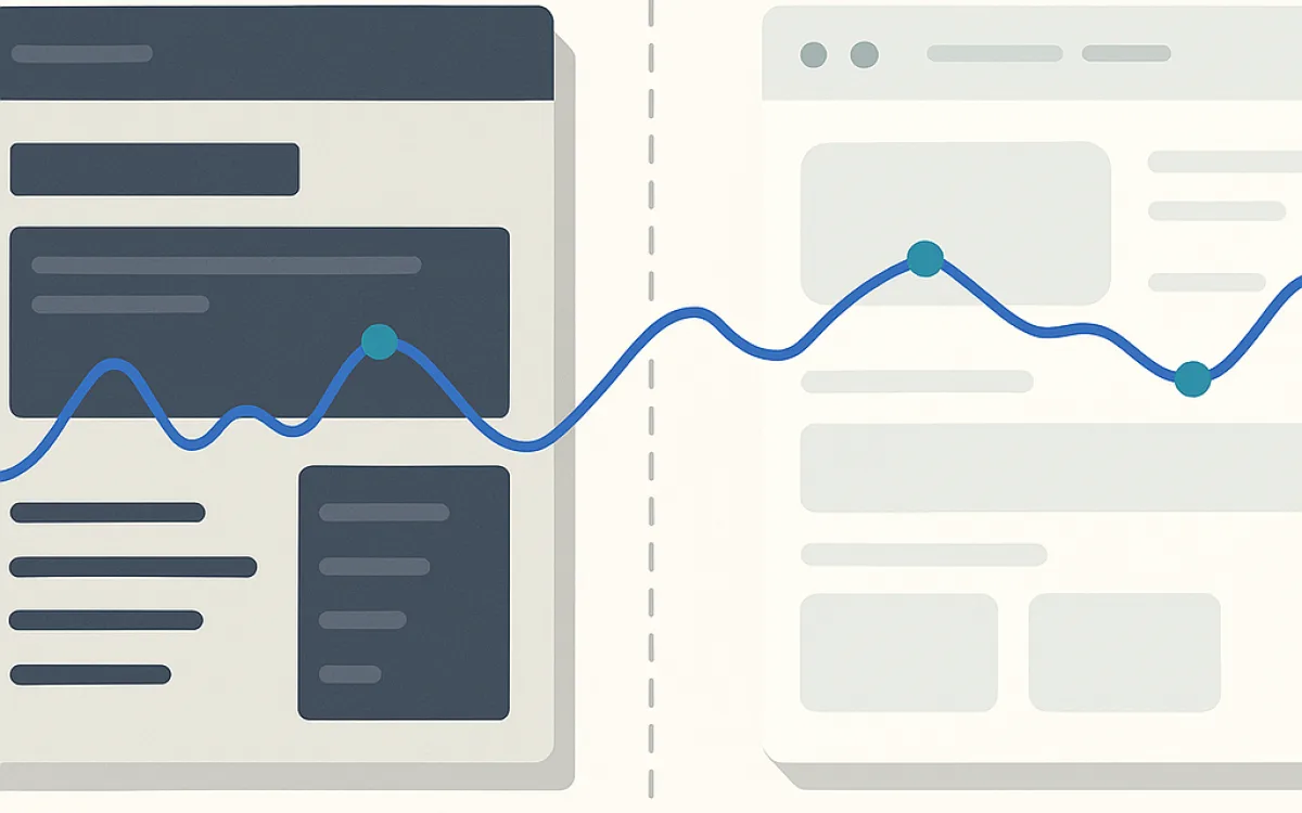 Old and new versions of a website shown side by side with analytics overlaid